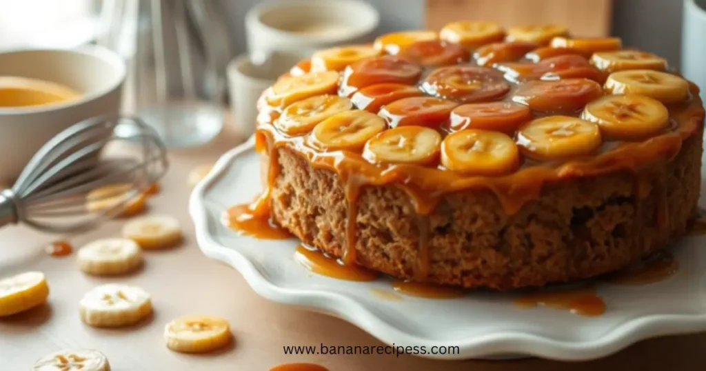 The Best Banana Foster Cake Recipe: Moist, Rich, and Irresistible A rich and moist banana foster cake topped with caramelized bananas and a drizzle of warm caramel sauce, served on a rustic cake stand.