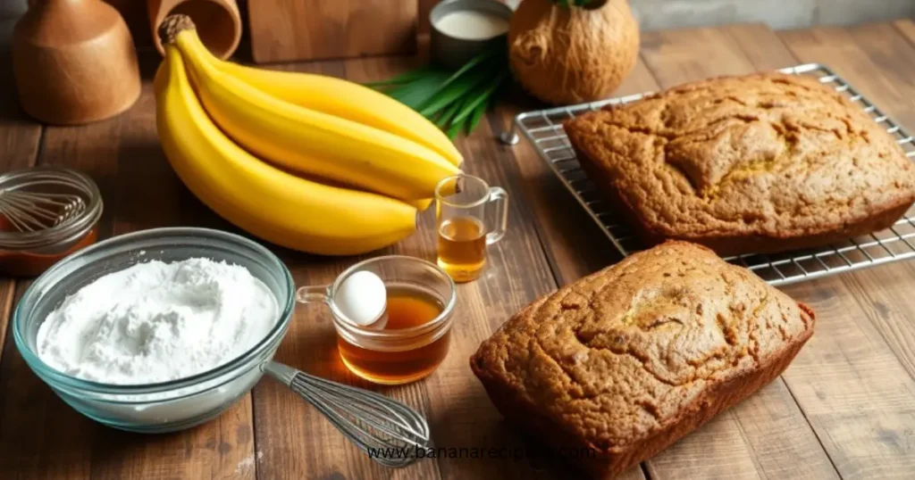Freshly baked coconut flour banana bread sliced and served on a wooden cutting board