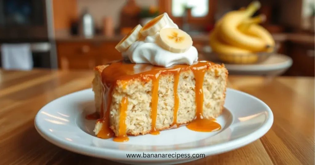 A rich and moist banana foster cake topped with caramelized bananas and a drizzle of warm caramel sauce, served on a rustic cake stand.