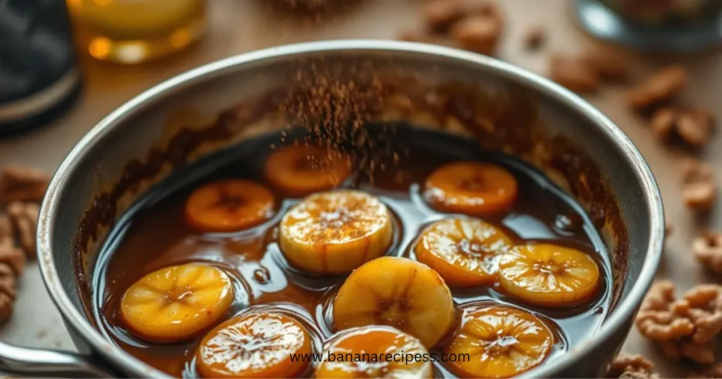 A rich and moist banana foster cake topped with caramelized bananas and a drizzle of warm caramel sauce, served on a rustic cake stand.