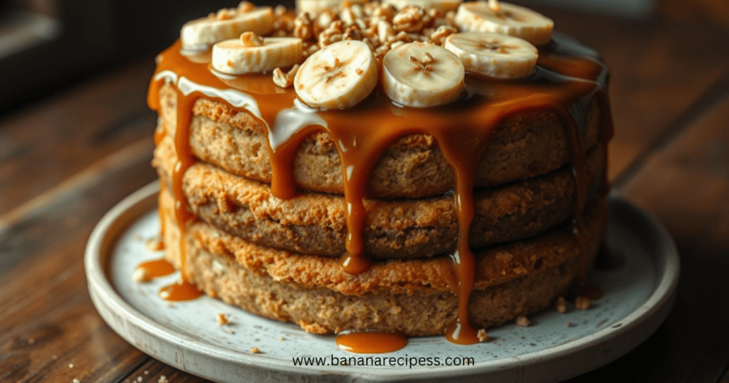 A rich and moist banana foster cake topped with caramelized bananas and a drizzle of warm caramel sauce, served on a rustic cake stand.