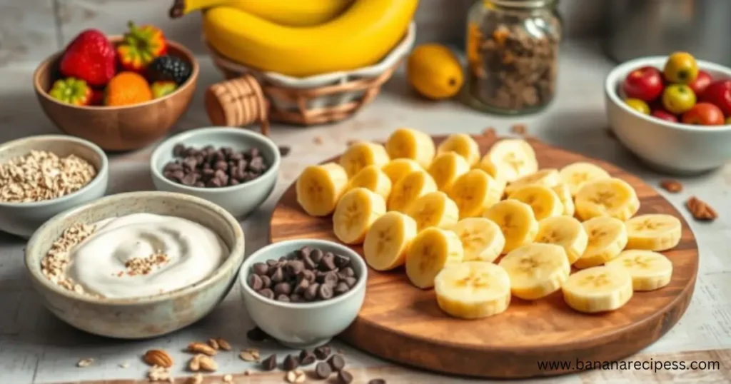 A vibrant display of banana drops arranged on a clean surface, surrounded by fresh banana slices and a measuring tape, symbolizing a healthy and weight-loss-friendly snack option.