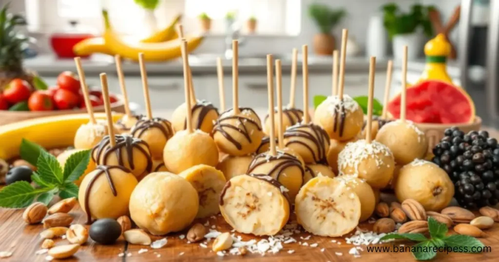 A vibrant display of banana drops arranged on a clean surface, surrounded by fresh banana slices and a measuring tape, symbolizing a healthy and weight-loss-friendly snack option.