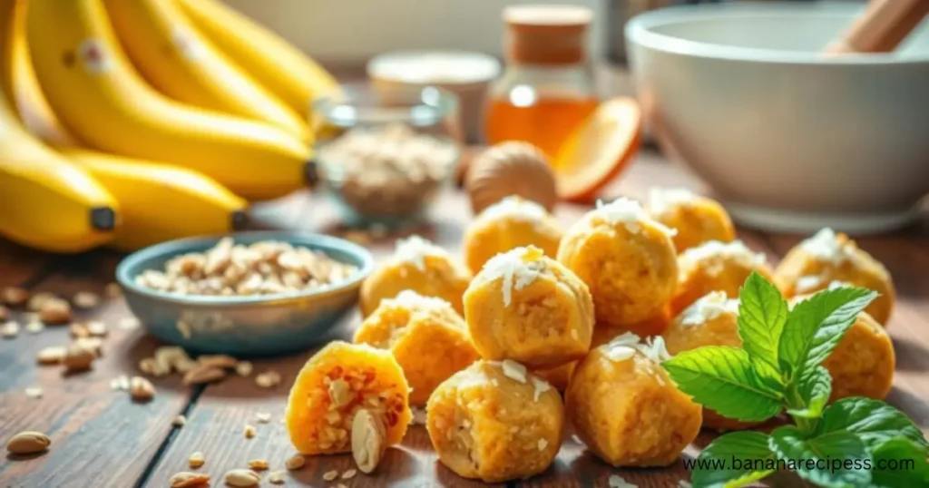 A vibrant display of banana drops arranged on a clean surface, surrounded by fresh banana slices and a measuring tape, symbolizing a healthy and weight-loss-friendly snack option.