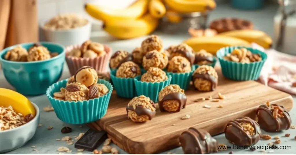 A vibrant display of banana drops arranged on a clean surface, surrounded by fresh banana slices and a measuring tape, symbolizing a healthy and weight-loss-friendly snack option.