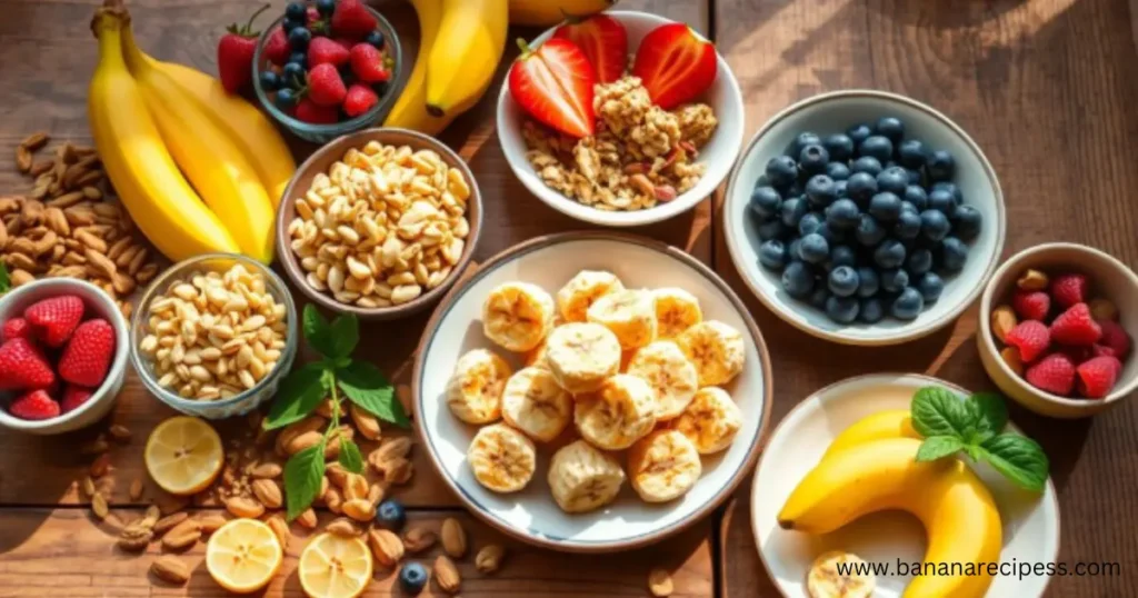 A vibrant display of banana drops arranged on a clean surface, surrounded by fresh banana slices and a measuring tape, symbolizing a healthy and weight-loss-friendly snack option.