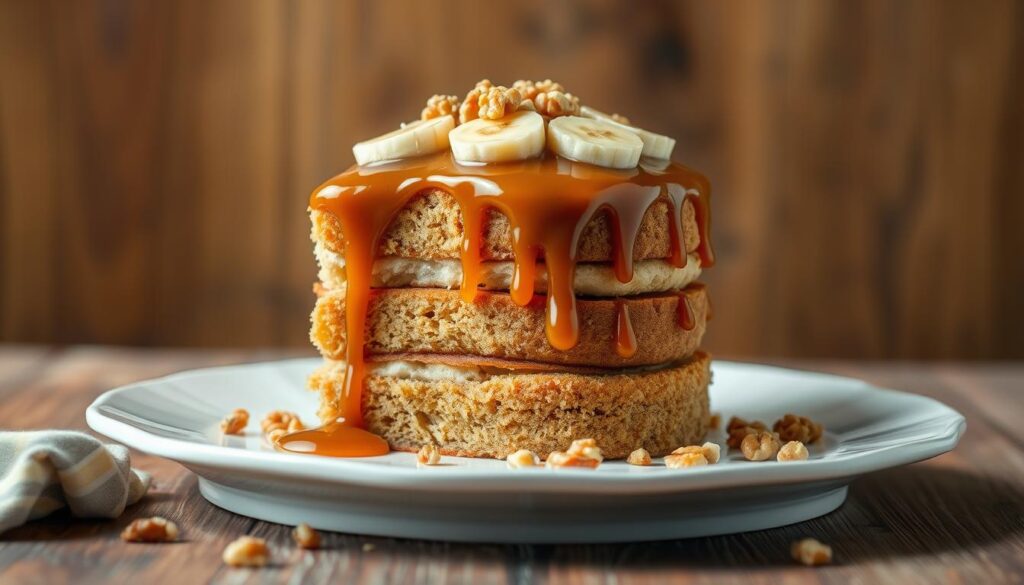 A rich and moist banana foster cake topped with caramelized bananas and a drizzle of warm caramel sauce, served on a rustic cake stand.