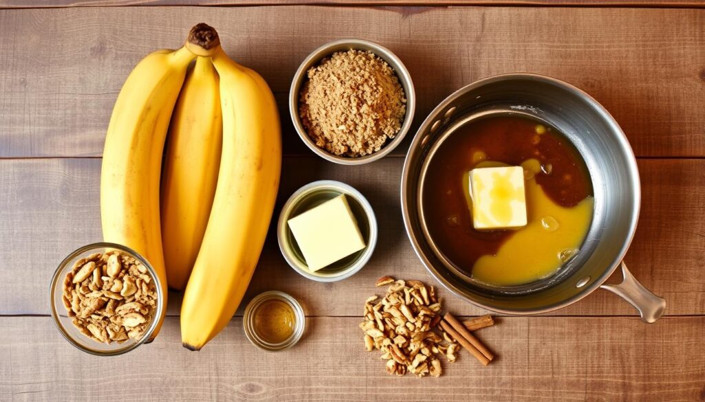 A rich and moist banana foster cake topped with caramelized bananas and a drizzle of warm caramel sauce, served on a rustic cake stand.