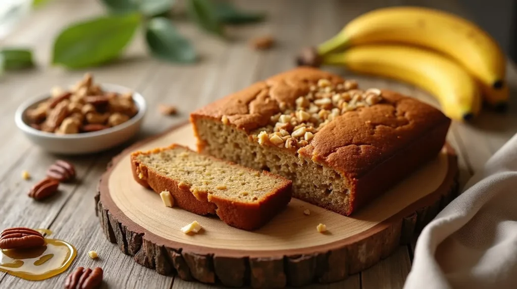 Healthy Banana Nut Snack Cake Recipe: Perfect for Breakfast or Dessert A golden-brown banana nut snack cake sliced to reveal its moist texture, topped with chopped nuts and placed on a rustic wooden platter. Surrounding the cake are fresh bananas, a small bowl of mixed nuts, and a drizzle of honey, set against a warm, inviting kitchen backdrop with natural lighting.