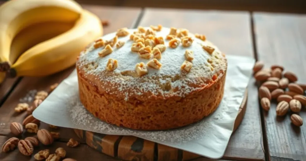 A golden-brown banana nut snack cake sliced to reveal its moist texture, topped with chopped nuts and placed on a rustic wooden platter. Surrounding the cake are fresh bananas, a small bowl of mixed nuts, and a drizzle of honey, set against a warm, inviting kitchen backdrop with natural lighting.