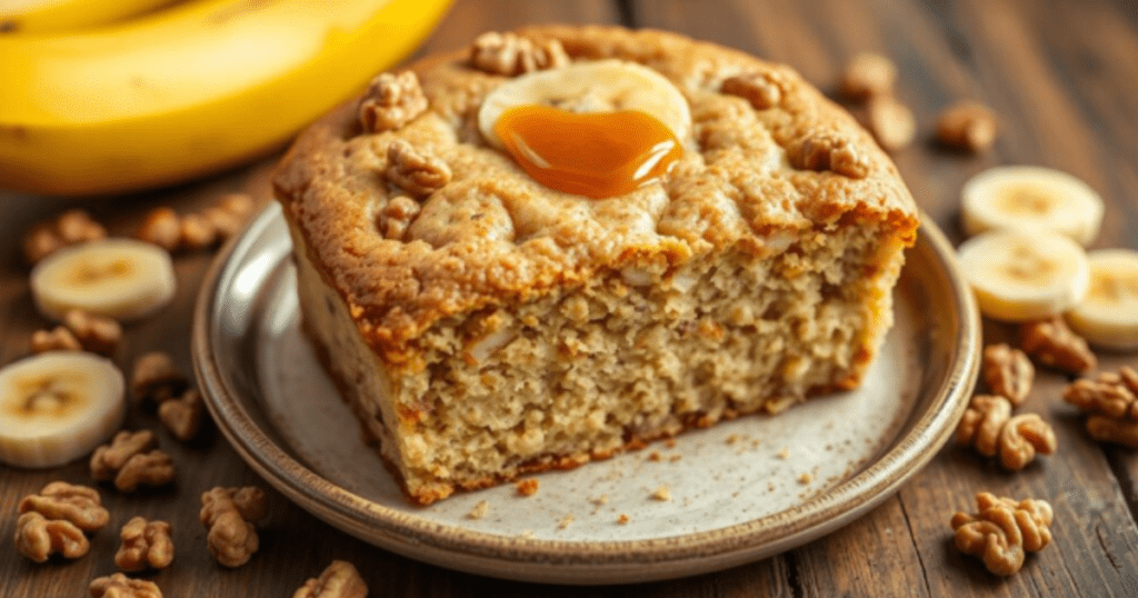 A golden-brown banana nut snack cake sliced to reveal its moist texture, topped with chopped nuts and placed on a rustic wooden platter. Surrounding the cake are fresh bananas, a small bowl of mixed nuts, and a drizzle of honey, set against a warm, inviting kitchen backdrop with natural lighting.