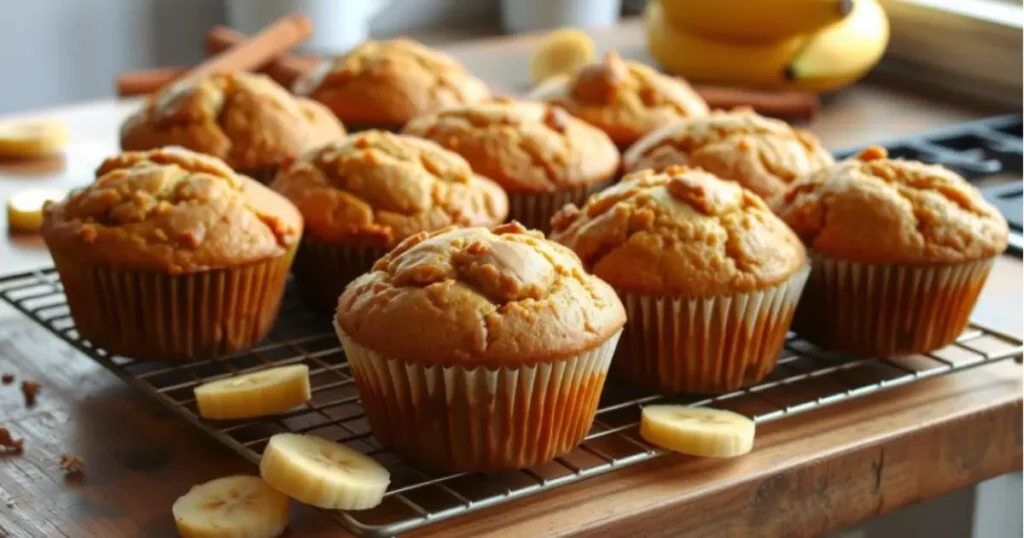 Freshly baked banana muffins arranged on a wooden tray, golden-brown and fluffy, with a broken muffin showing its moist texture. Surrounded by ripe bananas, a bowl of flour, and walnuts, highlighting the homemade feel. Text overlay reads: 'Simple Banana Muffin Recipe: Ready in Just 30 Minutes.' Blog domain bananarecipess.com is displayed in the footer.