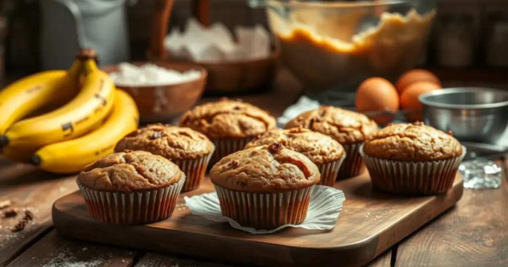 Freshly baked banana muffins arranged on a wooden tray, golden-brown and fluffy, with a broken muffin showing its moist texture. Surrounded by ripe bananas, a bowl of flour, and walnuts, highlighting the homemade feel. Text overlay reads: 'Simple Banana Muffin Recipe: Ready in Just 30 Minutes.' Blog domain bananarecipess.com is displayed in the footer.