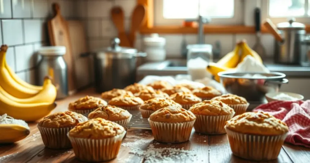 Freshly baked banana muffins arranged on a wooden tray, golden-brown and fluffy, with a broken muffin showing its moist texture. Surrounded by ripe bananas, a bowl of flour, and walnuts, highlighting the homemade feel. Text overlay reads: 'Simple Banana Muffin Recipe: Ready in Just 30 Minutes.' Blog domain bananarecipess.com is displayed in the footer.