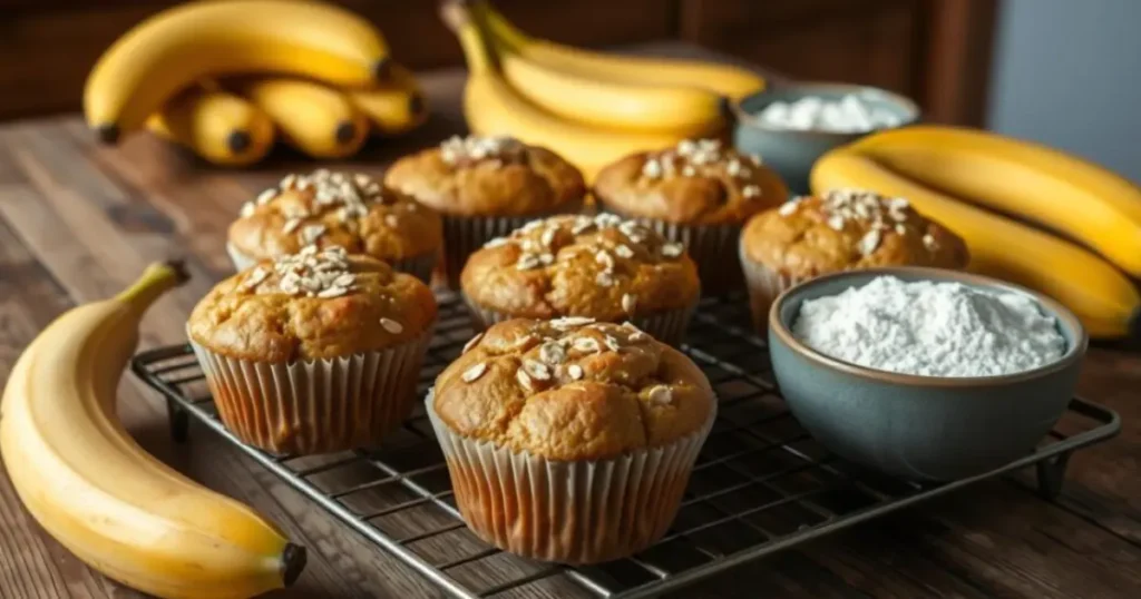 Freshly baked banana muffins arranged on a wooden tray, golden-brown and fluffy, with a broken muffin showing its moist texture. Surrounded by ripe bananas, a bowl of flour, and walnuts, highlighting the homemade feel. Text overlay reads: 'Simple Banana Muffin Recipe: Ready in Just 30 Minutes.' Blog domain bananarecipess.com is displayed in the footer.