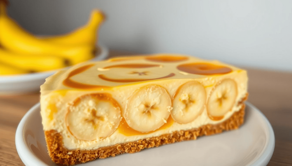A rich and creamy banana cream cheesecake with a golden graham cracker crust, topped with fresh banana slices, fluffy whipped cream, and a drizzle of caramel, served on a white plate.