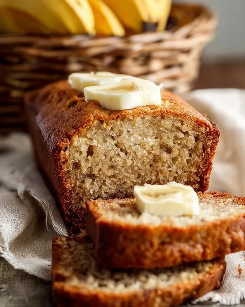 Banana Bread Homemade banana bread loaf with ripe bananas and nuts on a wooden table.