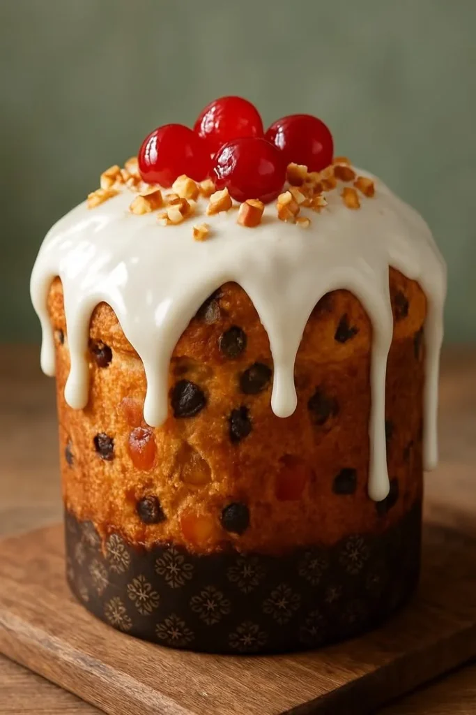 Christmas Sweet Bread Loaf of homemade Christmas sweet bread decorated with festive toppings