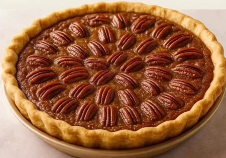 Delicious homemade pecan pie on a rustic wooden table
