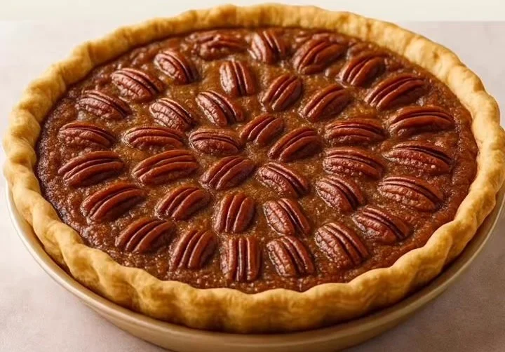 Pecan Pie Delicious homemade pecan pie on a rustic wooden table