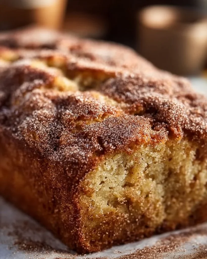 Snickerdoodle Banana Bread Loaf of Snickerdoodle Banana Bread topped with cinnamon sugar